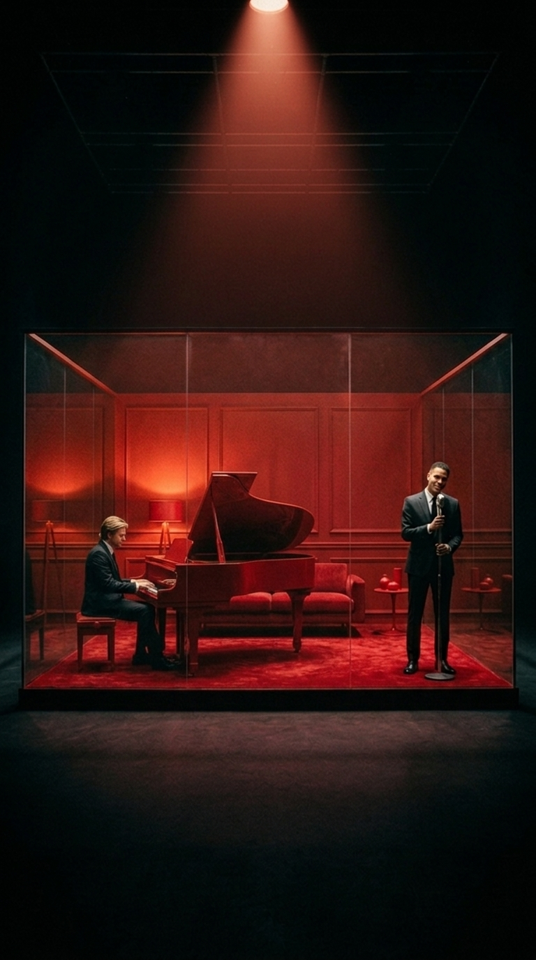 Cam Williams at the microphone and Lucas Valeti at the piano, inside the glass room.