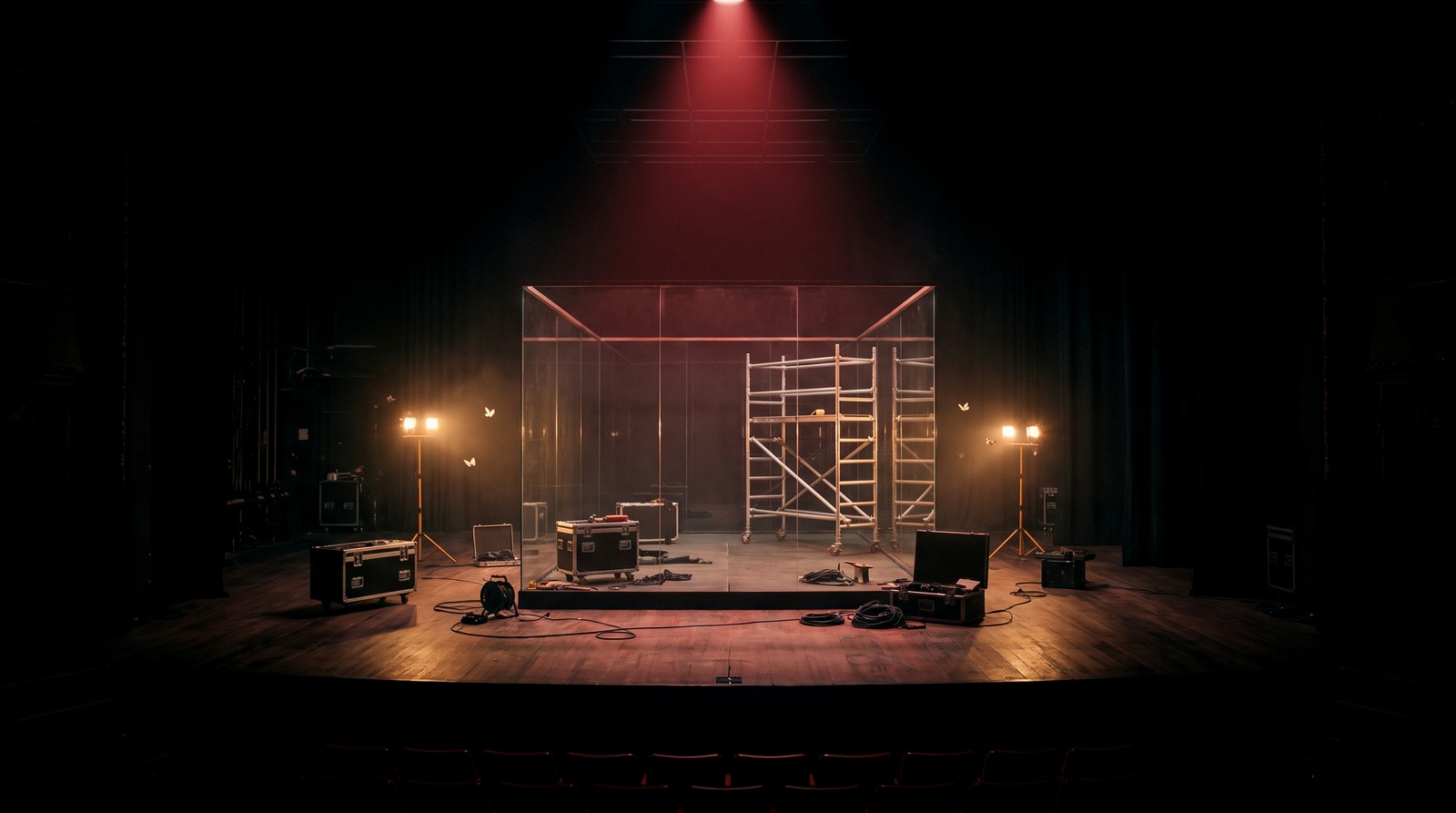 The glass room on a dark stage, still being built, in front of empty seats.