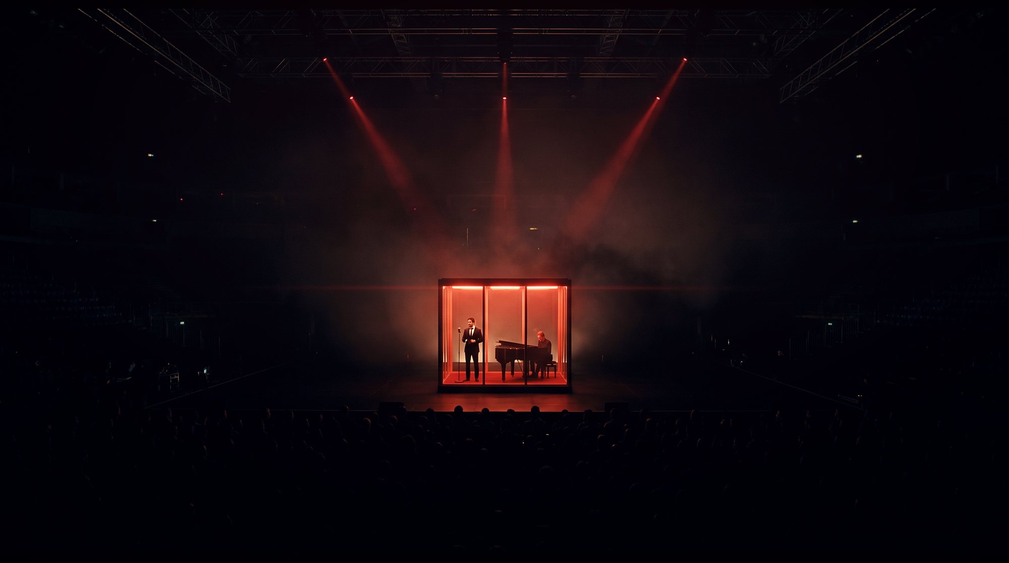 The same room at the centre of an arena production, crew and crowd, butterflies pouring up through the beams.