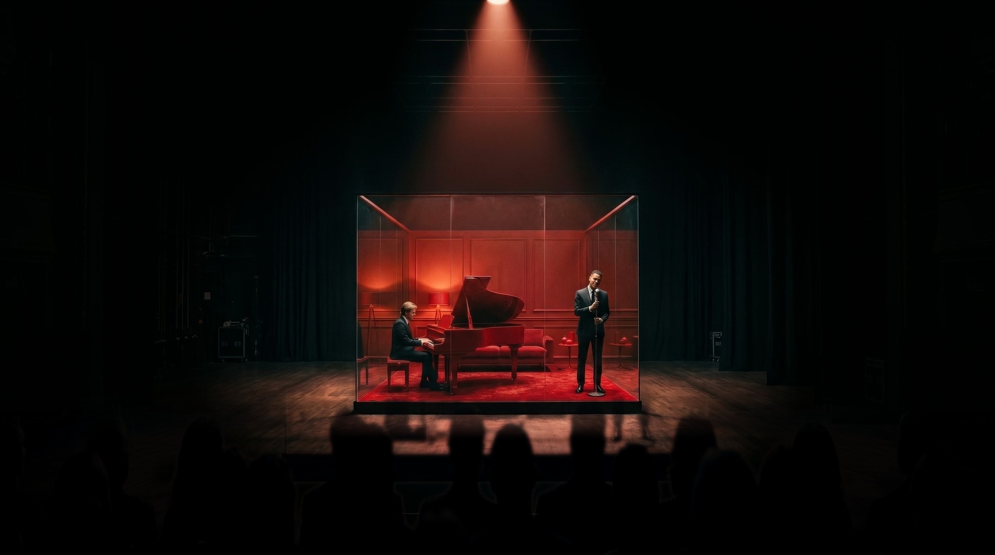 The finished glass room on the stage, playing to a seated house.